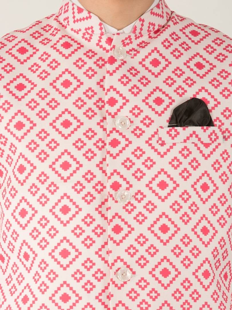 Men's Off White 
Cotton Blend
 Printed Nehru Jackets
